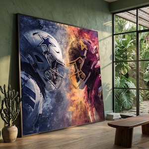 Toile de confrontation football intense, affrontement avec casque des Dallas Cowboys vs Washington Commanders, art mural football américain, toile rivalité sportive,