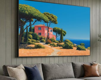 David Hockney Inspired Mediterranean Villa Canvas, Coastal Landscape Wall Art, Vibrant Blue Sky and Greenery, Artistic Home Décor, Ready to