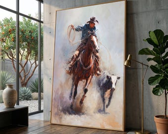 Cowboy on Horseback with Lasso, Western Rodeo Canvas Wall Art, Rustic Ranch Scene, Dynamic Cattle Chase, Wild West Home Decor