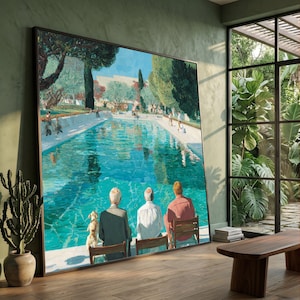 David Hockney-stil Canvas med lugna ögonblick vid poolen, avkopplande utomhusscen, canvas med sommarträdgårdsutsikt, reflekterande vattenlandskap