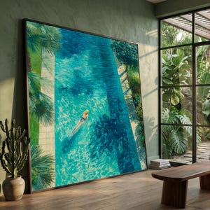 David Hockney-stil kvinna simbassäng canvastavla, sommar utomhusscen, tropiska palmer avkopplande vattenkonstverk