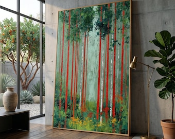 David Hockney Style Forest Canvas Wall Art, Bold Red Tree Trunks, Contemporary Nature Landscape, Modern Botanical Canvas Decor