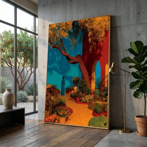 David Hockney Stil lebhafte Gartenweg-Leinwand, kräftige Herbstfarben Wandkunst, surreale Naturszene, zeitgenössische Außenlandschaftsleinwand