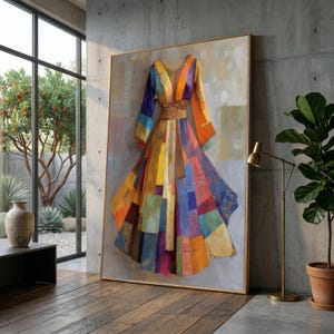 Quadro su tela con abito patchwork colorato, design astratto e vibrante di moda tessile, decorazione moderna per la casa, tela pronta per essere appesa.