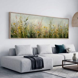 Väggkonst med vildblommande äng, kanvas med panoramautsikt över blommor, horisontell naturscen, botanisk heminredning, vårträdgårdscanvas
