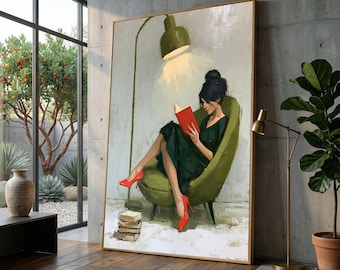 Stylish Woman Reading Book Canvas, Modern Chair Wall Art, Cozy Home Decor, Literary Scene Canvas, Relaxation Moment Decoration