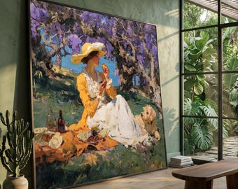 Joaquín Sorolla Style Woman Picnic Canvas Wall Art, Spring Outdoor Scene, Impressionist Garden Landscape, Floral Tree Branches Decor