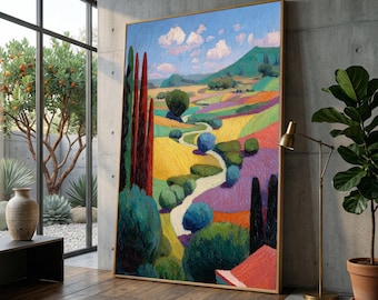 Vibrant David Hockney Style Landscape Canvas, Colorful Rolling Hills Wall Art, Modern Scenic Home Decor, Abstract Nature Canvas Print