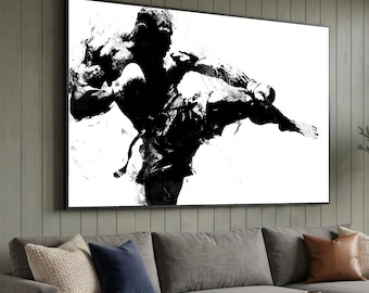 Dynamic Martial Arts Kick Canvas, Abstract Black and White Fighter Wall Art, Action Sports Decor, Modern Canvas Design, Athletic Home