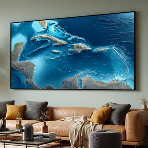 Lienzo con mapa topográfico del Mar Caribe, arte mural de profundidad oceánica, decoración náutica para el hogar, lienzo de geografía costera, obra de arte de paisaje marino