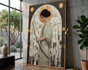 Ethereal Archer Woman Canvas, Gold Halo Wall Art, Vintage Style Female Portrait, Elegant Bow and Arrow Decor, Ready to Hang Canvas