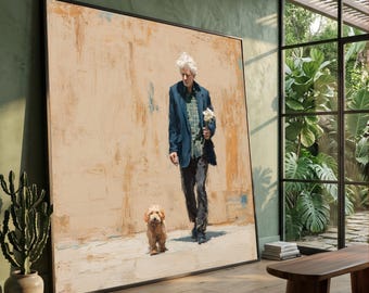 Man Walking Dog Canvas Wall Art, Urban Life Scene, Casual Stroll Contemporary Wall Decor, Home Accent Canvas