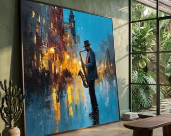 Jazz Musician Saxophone Street Scene Canvas Print, Vibrant Night Cityscape Wall Art