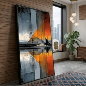 Lienzo abstracto geométrico de puesta de sol, arte mural de paisaje moderno, diseño de reflejo de árbol, escena natural contemporánea, lienzo para decoración del hogar