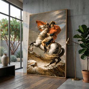 Napoleon Crossing the Alps Canvas Wall Art, Historical Equestrian Classic French Military Portrait, Dramatic Red Cloak Decor