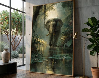 Majestic Elephant in Jungle Pond, Wildlife Canvas Wall Art, Nature Scene Canvas, Exotic Animal Decor, Forest Reflection Canvas