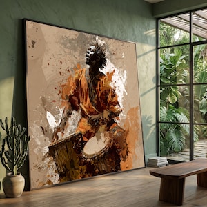 Vibrant African Drummer Canvas, Cultural Music Wall Art, Ethnic Rhythm Design, Home Decor Canvas, Dynamic Musician Illustration