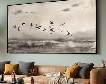Flight of Birds Canvas Wall Art, Monochrome Sky Silhouette, Minimalist Nature Decor, Vintage Style Bird Print, Neutral Toned Wall Hanging