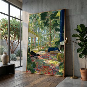 Lienzo con escena de jardín interior vibrante al estilo de David Hockney, arte de pared moderno para sala de estar, alfombra floral colorida, hogar inspirado en la naturaleza