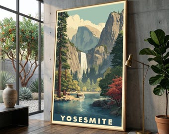 Yosemite National Park Scene, Waterfall Canvas Wall Art, Mountain Landscape Decor, Forest River View, Nature Canvas Print