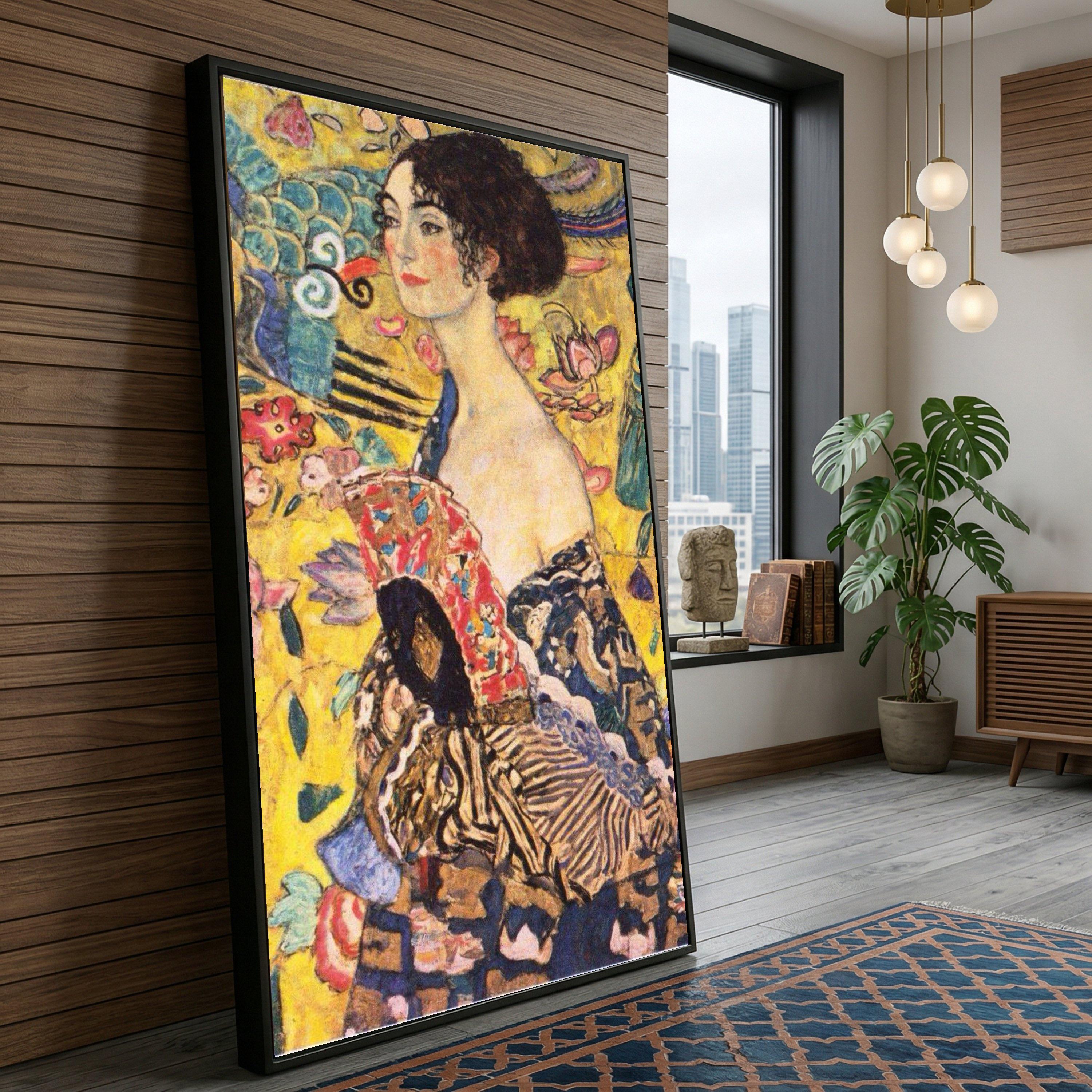Gustav Klimt Portrait, Elegant Woman with Decorative Fan Canvas, Vintage Style Wall Art, Floral Motif Home Decor, Ready to Hang