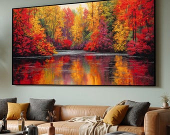 Vibrant Autumn Forest Canvas, Colorful Fall Trees Reflection, Scenic Lake Wall Art, Seasonal Nature Decor, Ready to Hang Canvas