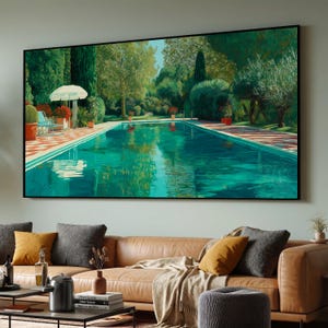 David Hockney Stil Ruhe Garten Pool Szene Leinwand, Sommer Oase Wand Kunst, Lebendige Natur Spiegelung Dekor