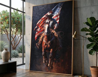 Westerncowboy te paard met canvas met Amerikaanse vlag, patriottische hippische muurkunst, rustiek landdecor, gewaagde westerse canvaskunst