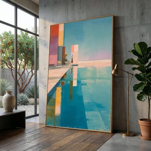 Modern Architecture Reflection Canvas, Geometric Abstract Wall Art, Minimalist Pool Scene, Contemporary Home Decor, Tranquil Blue Landscape