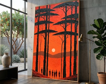 African Sunset Silhouette Canvas, Tribal Figures Wall Art, Red Orange Landscape, Ethnic Home Decor, Nature Scene Canvas, Ready to Hang