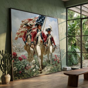 Maszerujący żołnierze wojny o niepodległość Stanów Zjednoczonych na płótnie, Sztuka ścienna „Amerykańscy patrioci”, Historyczne płótno z flagą USA, Scena wojskowa z czasów kolonialnych, Dom patriotyczny