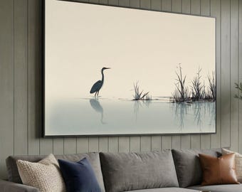 Tranquil Wetlands Scene Canvas, Heron Reflection Wall Art, Minimalist Nature Canvas, Calm Water Birds Decor, Serene Wildlife Illustration