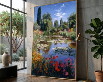 Monet Style, Tranquil Water Lily Pond Canvas, Colorful Garden Scene, Floral Nature Wall Art, Serene Landscape Decoration