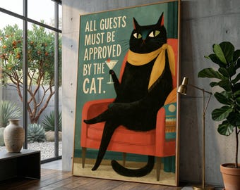 All Guests Must Be Approved by the Cat Canvas, Funny Cat Wall Art, Humorous Home Decor, Black Cat Illustration, Animal Canvas Art