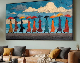 Colorful Women with Umbrellas, African Inspired Canvas, Modern Figurative Wall Art, Bright Sky and Cloud Background, Decorative Canvas Panel