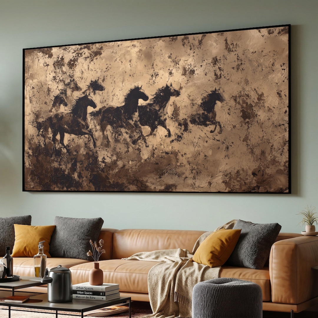 Running Horses Canvas Wall Art, Abstract Brown Equestrian Decor ...