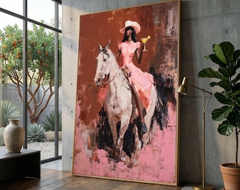 Elegant Woman on White Horse Canvas, Western Cowgirl Art, Pink Dress Wall Décor, Rustic Home Decoration, Stylish Equestrian Canvas