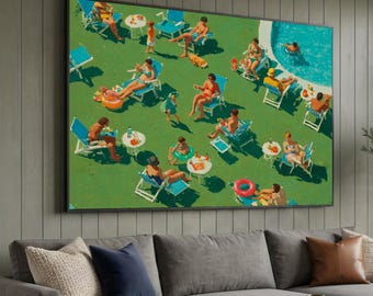 David Hockney Inspired Poolside Scene Canvas, Modern Leisure Art, Bright Summer Vibes Wall Decor