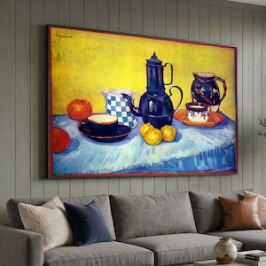 Van Gogh ;  Still life with coffee pot 1888,  Coffee Pot and Citrus Fruit Wall Art, Classic European Kitchen Decor, Yellow