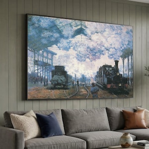 Claude Monet; Trenes de la estación de Saint-Lazare, 1877, Estación de tren impresionista, Arte mural de locomotora antigua, Paisaje urbano atmosférico sobre lienzo
