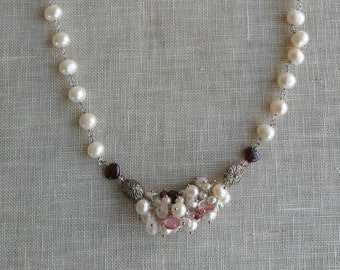 Freshwater Pearls Necklace with Faceted Rubelitte Garnets Hearts