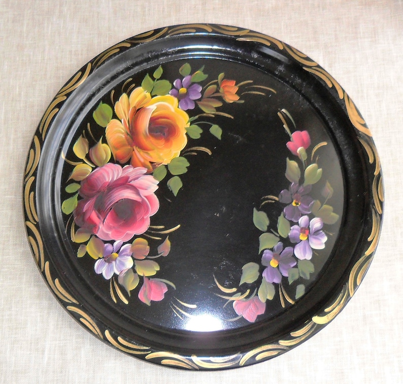 Vintage Round Tole Tray With Hand Painted Flowers and Leaves C.1940's