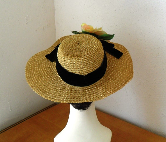 Vintage Garden Party Straw Hat with Silk Flower c… - image 4