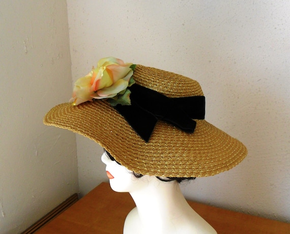 Vintage Garden Party Straw Hat with Silk Flower c… - image 2