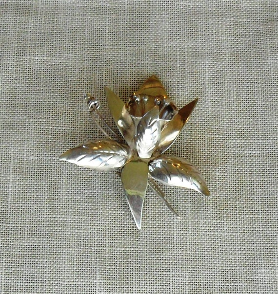 Taxco Sterling Silver Stylized Orchid Brooch c. 19