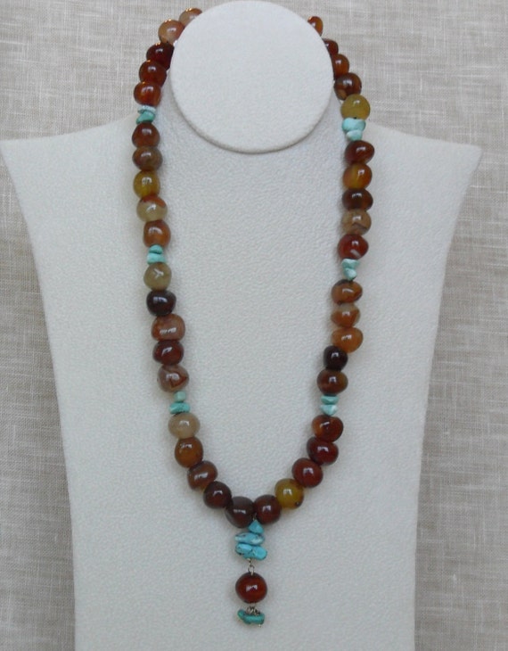 Vintage Carnelian Beads with Turquoise Necklace c.