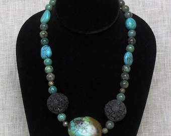 Incredible OOAK Chinese Turquoise Necklace with Natural Carved Ebony Beads and Chinese Silver c.1930's