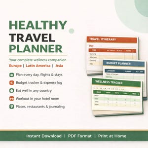 Può includere: Un pianificatore di viaggi sano con il testo "Healthy Travel Planner". Il pianificatore include sezioni per l'itinerario di viaggio, il budget e il monitoraggio del benessere. Un compagno di benessere completo per Europa, America Latina e Asia.
