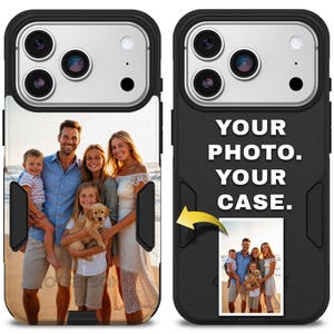 May include: A black protective smartphone case featuring a customizable back panel. The left side shows a full-coverage photo of a family with a puppy on a beach. The right side displays the text YOUR PHOTO. YOUR CASE. above a smaller photo insert.