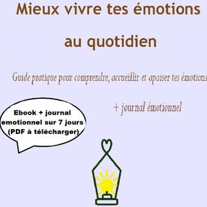 May include: A light purple book cover with the title "Mieux vivre tes émotions au quotidien" in brown text. Below, the text "Guide pratique pour comprendre, accueillir et apaiser tes émotions" is displayed. Includes a speech bubble with text and a lantern illustration.